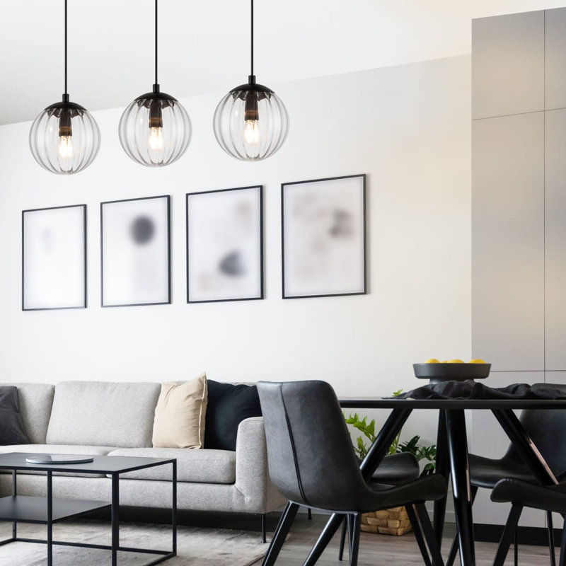 Kingston 3 Light Modern Clear Ribbed Glass Bar Pendant Light - Matt Black Metal, Black PVC power cord, Base, 67x15x100cm, 3xE14. Max. 10W LED (Bulb not included)
