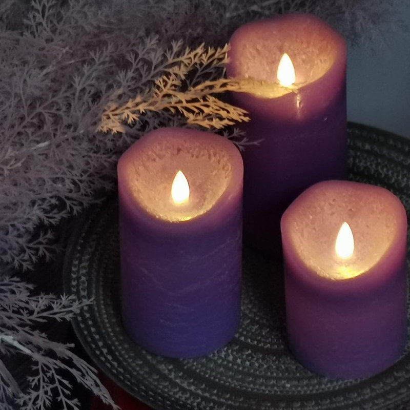 3 Pack Rustic Lavender Purple Flameless Pillar Candles:Real Wax, Battery Operated with 6H Timer,Realistic Flickering LED, 3