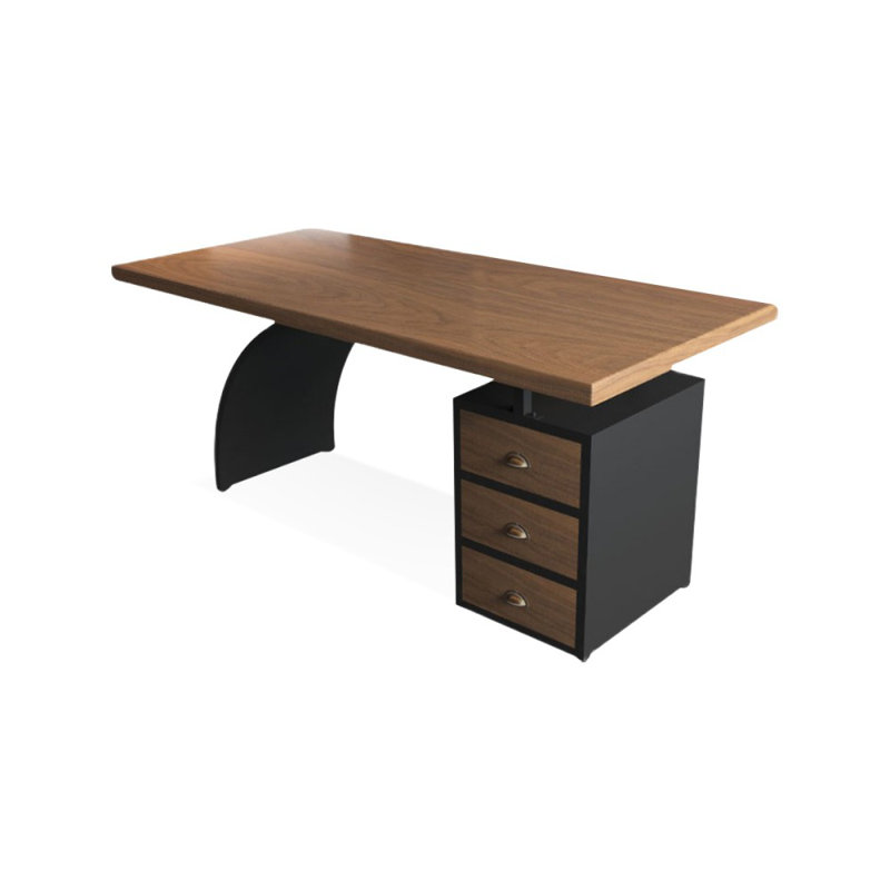 Brown+Black Rectangular Solid Wood+Iron desks, 29.53" H x 62.99" W x 27.56" D