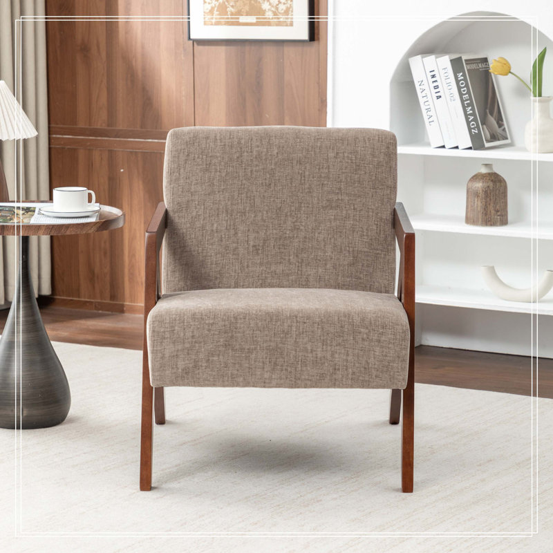 Fauteuil d'appoint Mid-Century moderne avec structure en bois, fauteuil de lecture rembourré avec tissu en lin doux, fauteuil d'appoint pour le salon, la chambre à coucher, facile à assembler