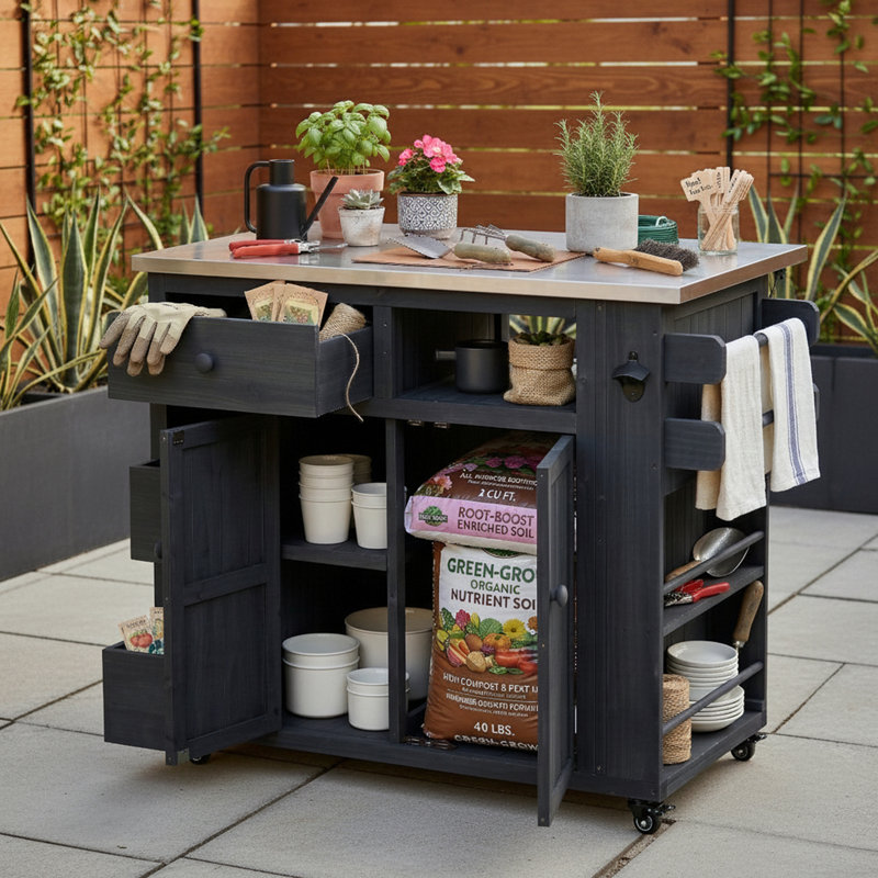 Outdoor Extendable Stainless Steel Top Kitchen Island With Side Spice Rack And Storage Cabine, Black