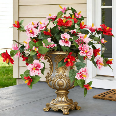 UV Resistant Artificial Hibiscus Flowers - 2 Bunches Realistic Red & Pink Silk Faux Plants For Outdoor/Indoor Patio, Garden, Front Porch & Home Decor