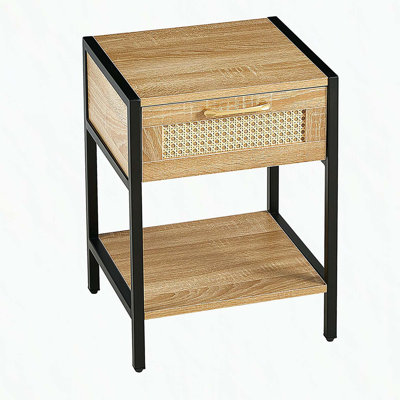 Table de bout en rotin de 15,74 po avec tiroir, table de chevet moderne, pieds en métal, table d'appoint pour le salon, la chambre à coucher, naturel (1 pièce)