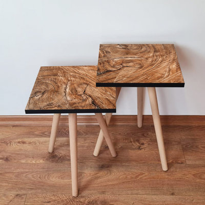 Modern Scandinavian Nesting Table Set (2 Pieces), Brown | 100% MDF with Beech Wood Legs | Larger Table: 13.8 x 18.5 x 13.8 inches, Smaller Table: 13.8