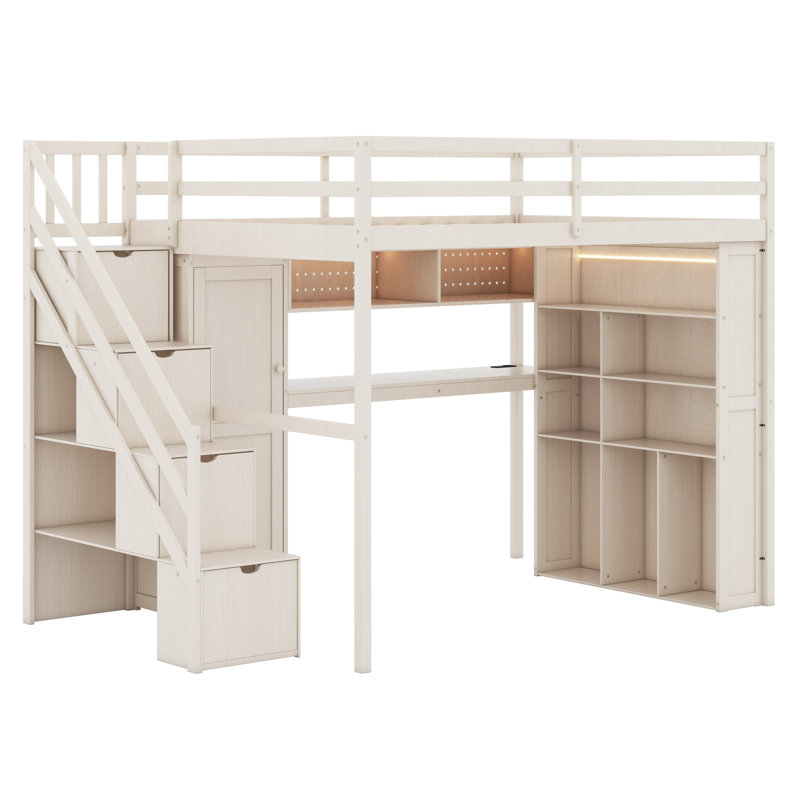Space-Saving Loft Bed Frame with Integrated Wardrobe, Desk, Shelves and Lights, Beige