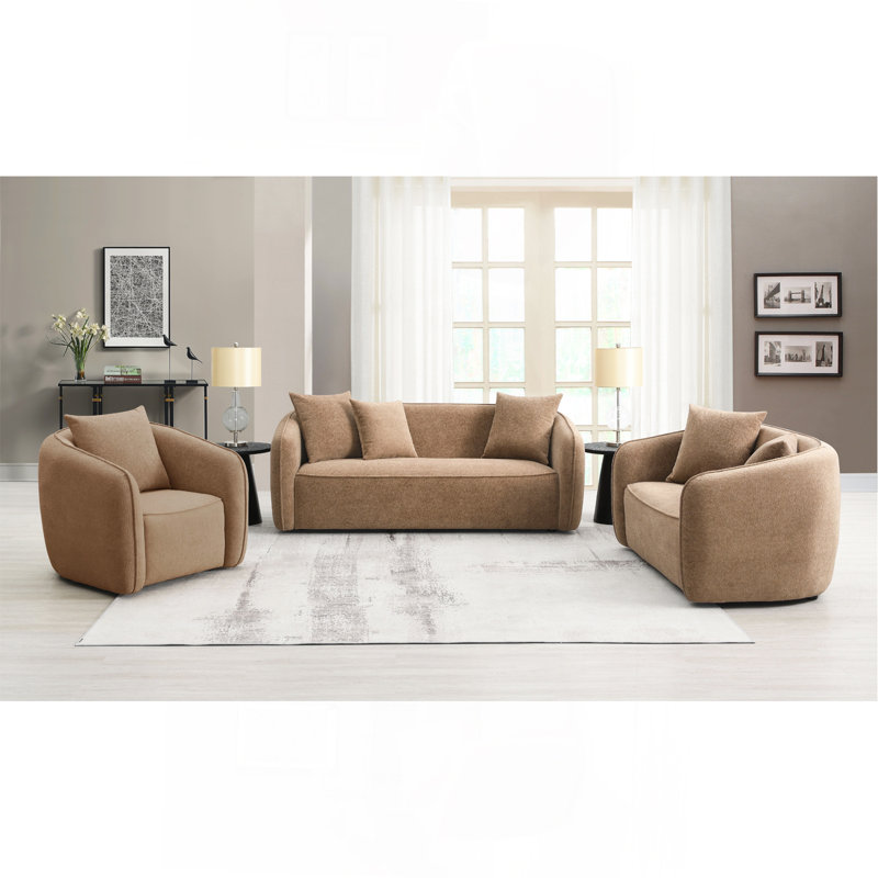 Ensemble de salon en chenille brun 3 pièces (livré avec coussins assortis)
