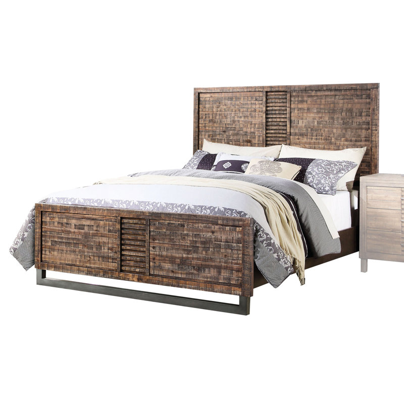Grand lit avec finition en chêne récupéré, matériau en bois, pieds en métal, 3 lattes, sommier tapissier essentiel, profil bas, base de traîneau au fini nickel, limite de poids de 660 lb, plancher de 6 po, profondeur de 87 po, largeur de 64 po, 56 po
