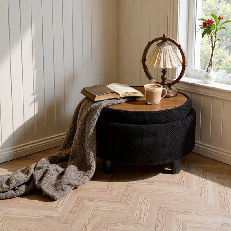 Repose-pieds de rangement capitonné rond de 25 pouces avec plateau, repose-pieds multifonctionnel et table d'appoint pour le salon