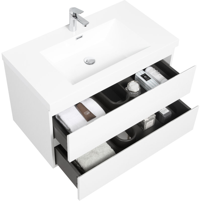 Meuble-lavabo flottant de 36 po avec lavabo, plateau moderne en résine blanc lustré et tiroirs à fermeture en douceur discrets, comptoir à enchanteresse enchanteur