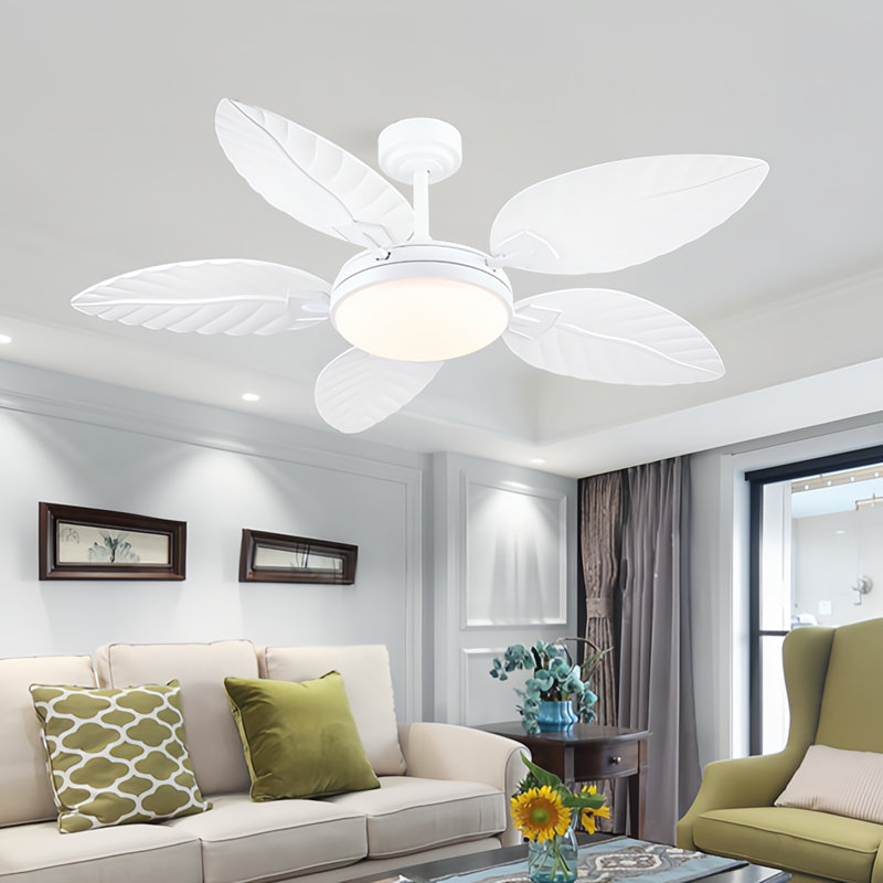 Ventilateurs de plafond 52 "à feuilles de palmier tropicales avec lumières et télécommande, Blanc