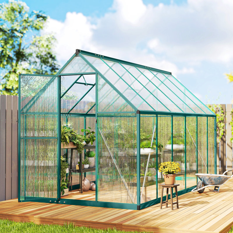 11x6 ft Polycarbonate Greenhouse with Swing Door and Two Adjustable Roof Vents, Aluminum Walk-in Greenhouse Outdoor Greenhouse for Patio Garden Backyard, Dark Green
