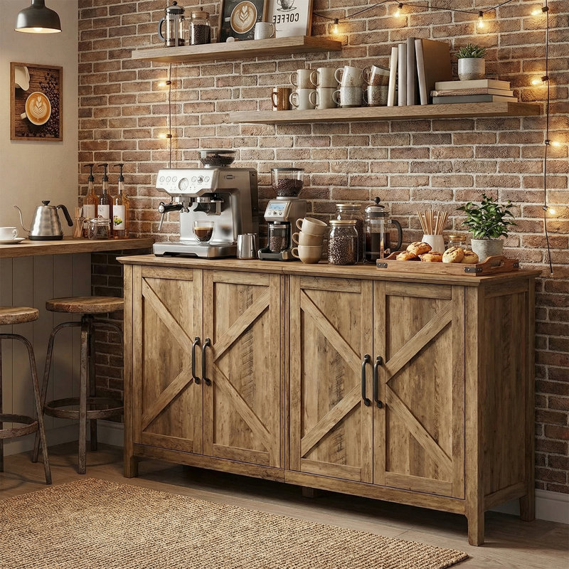 Yvette 59"W Credenza Sideboard, Buffet Storage Cabinet, Rustic Brown