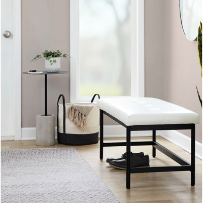 Contemporary Black Bench, Faux Leather Upholstery, Thick Padded Seat, Seats Two, 500 Lbs Weight Limit, Indoor Use, Metal Frame, Assembly Required Needed