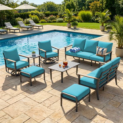 Ensemble de conversation pour patio extérieur 9 personnes avec 2 chaises berçantes pivotantes, 2 poufs, une table basse et une table d'appoint