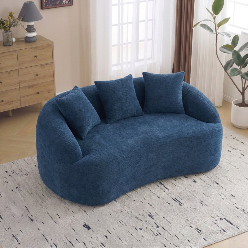 Causeuse incurvée moderne de 65 po x P 39,4 po avec 3 coussins et coussin en mousse compressée, Bleu