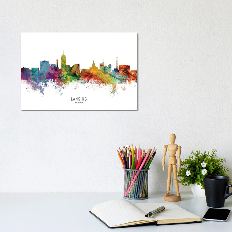 Lansing Michigan Skyline by Michael Tompsett - 1 Piece Wrapped Canvas Painting, 20.32 cm H x 30.48 cm W