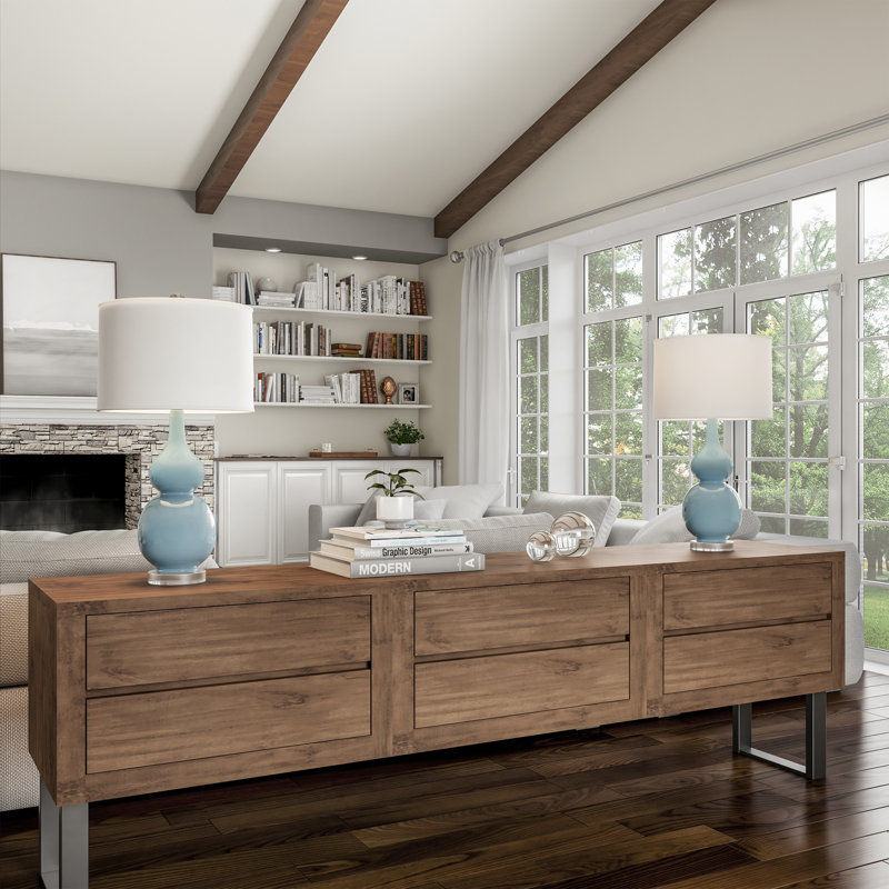 Ensemble de 2 lampes de table de chevet en céramique de 14 po Andover Mills - lampe moderne en céramique avec double gourde de style rétro pour chambre à coucher, salon ou bureau avec ampoules DEL (ciel / blanc)