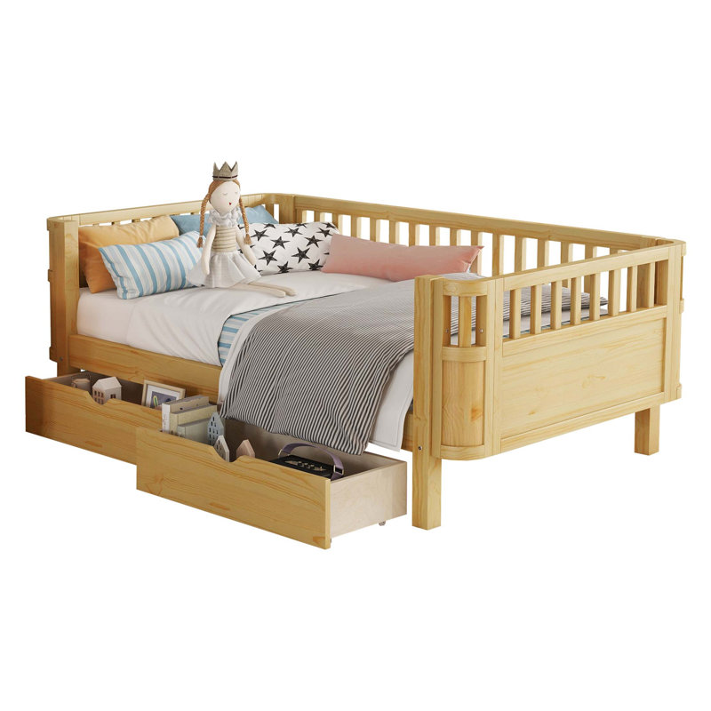 Lit plateforme pour enfants en bois avec rails de sécurité et tiroirs de rangement