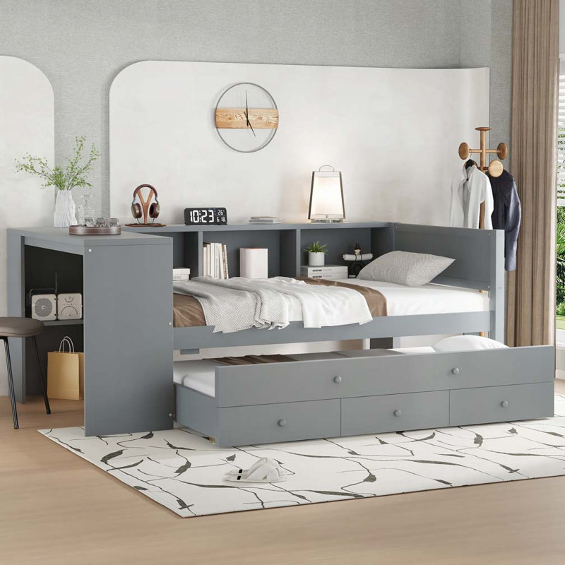 Twin Size Daybed with Trundle, Gray, Twin