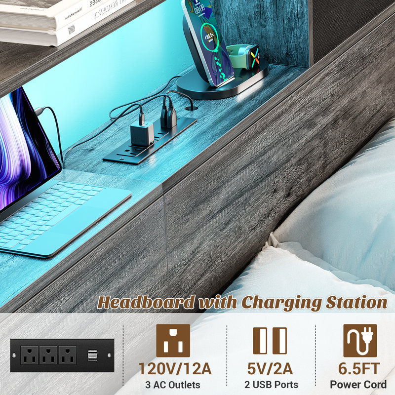 Têtes de lit en métal de 45,3 po de hauteur avec draps en tissu, prises, ports USB et lumières DEL, Gris, Très grand