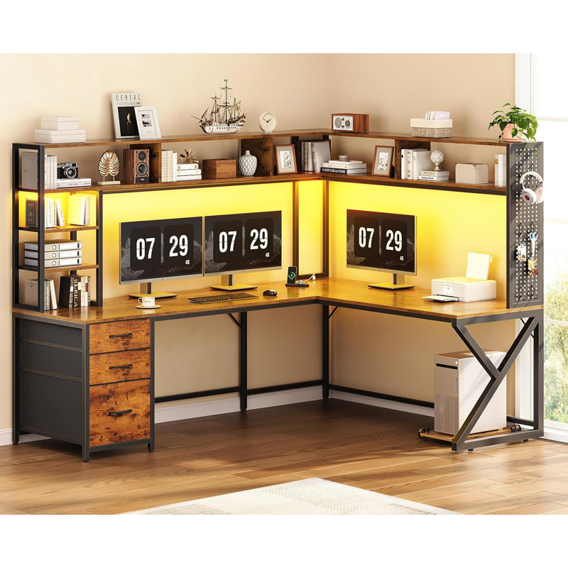 L Shaped Desk With Hutch And 3 Drawers, Convertible 94.5" Computer Desk, Brown