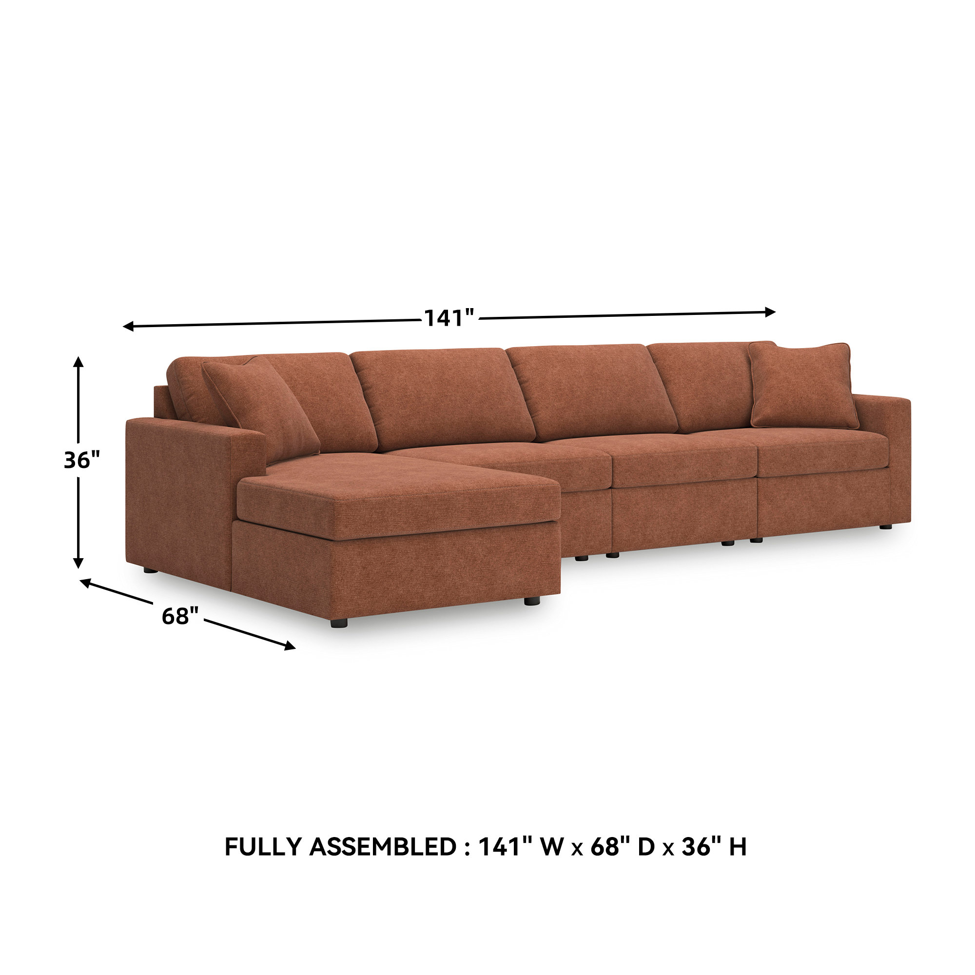 Bulwell Sectional With Chaise, Left Hand Facing, 36" H x 140" W x 68"D, Brown Polyester