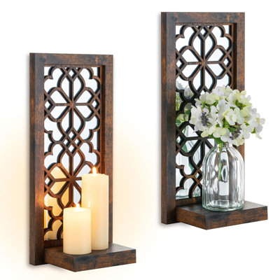Wall Candle Holder Set of 2 with RealMirror,Wooden Window Grille Pattern,Brown