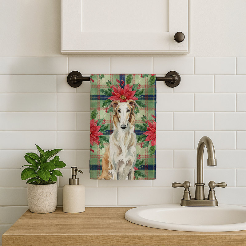 Borzoi Christmas PoinsettIas Kitchen Towel, White/Tan Borzoi