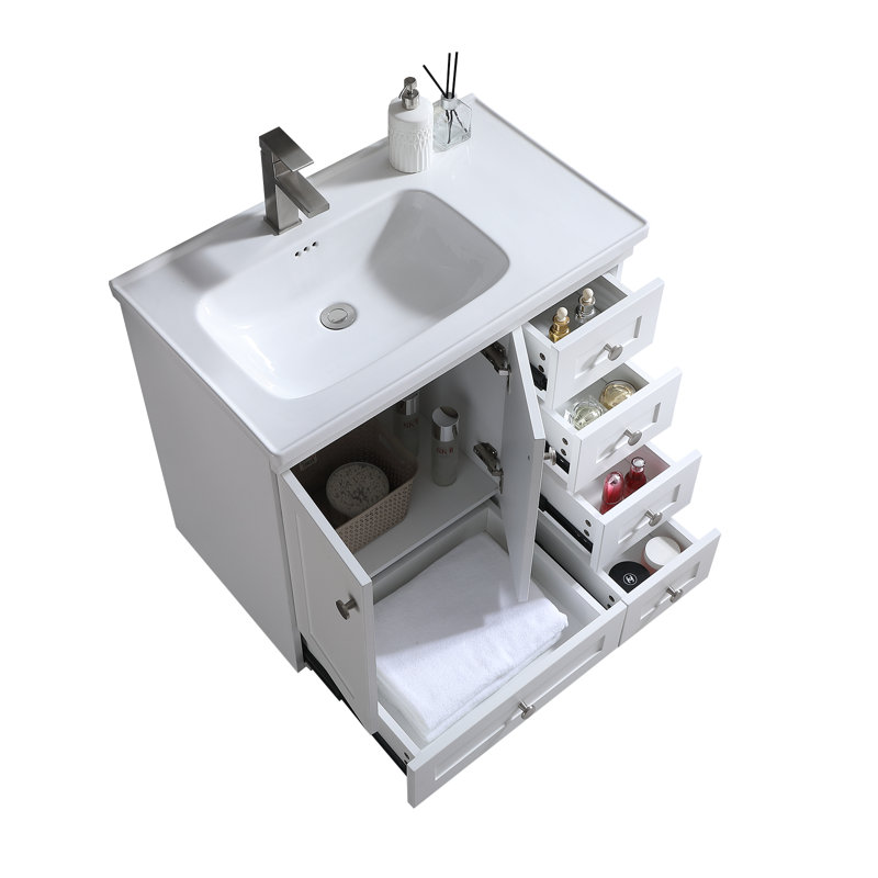 Meuble-lavabo simple autoportant 32 po avec lavabo en céramique, armoire de rangement multi-tiroirs 32 po pour salle de bain familiale
