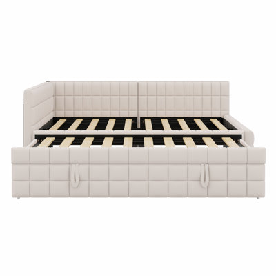 L-Shaped Upholstered Daybed With Pop Up Trundle And USB Ports