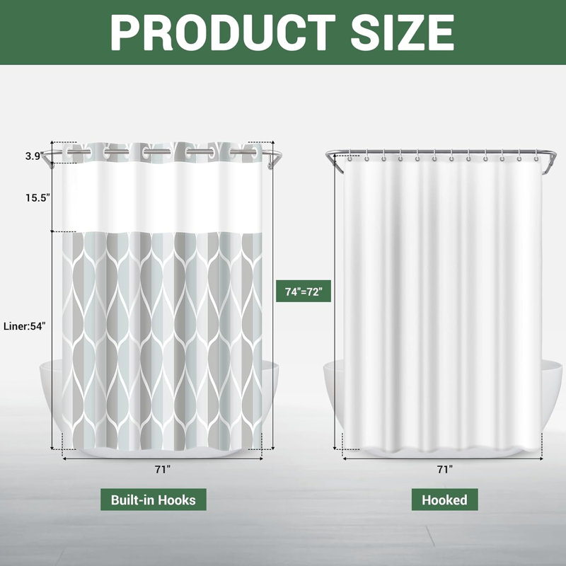 No Hook Grey Shower Curtain With Snap In Fabric Liner Set Hotel Style With See Through Mesh Top Window Modern Geometric Waterdrop Design Waterproof And Washable, 71X74 INCH