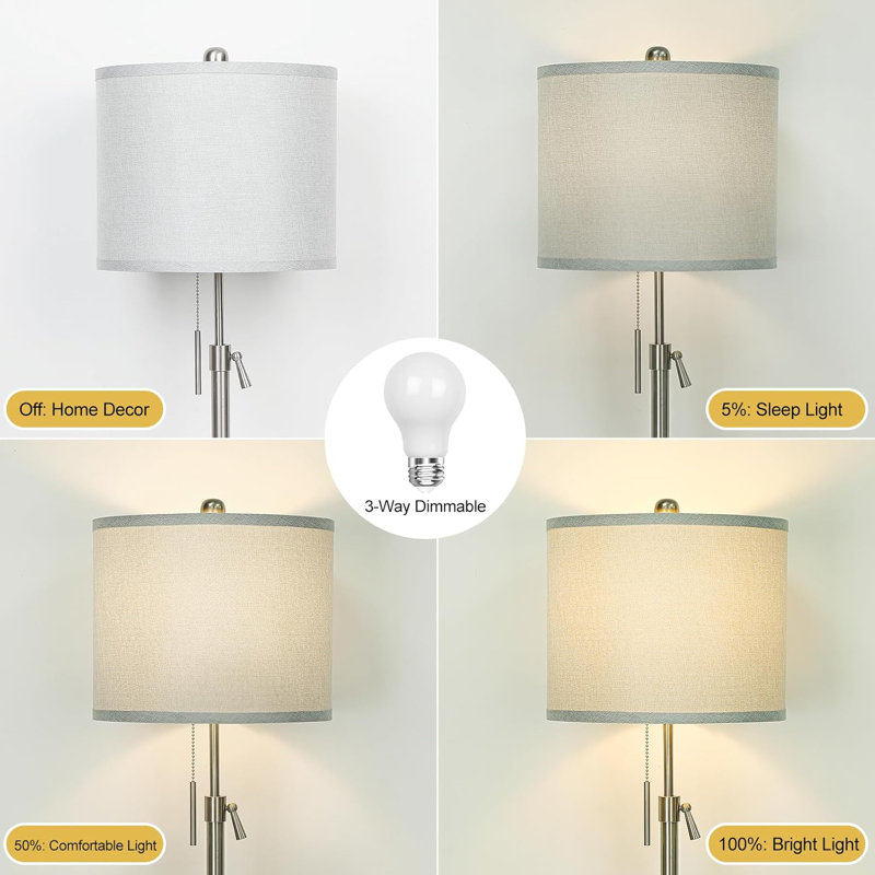 Lampe sur pied à hauteur réglable avec abat-jour en lin gris et ampoule à DEL à intensité variable à 3 voies, base en métal robuste pour le salon, la chambre à coucher ou le bureau