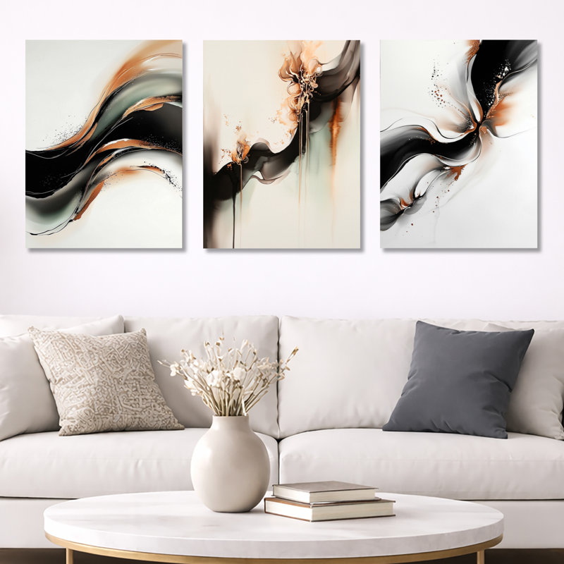 Quantum Flux of Marble Storm - ensemble d'art mural encadré en marbre gris abstrait de 3, H 32 po x l 72 po, Wrapped Canvas