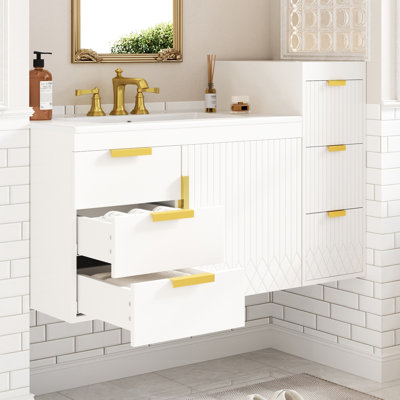 Armoire latérale murale flottante, rangement multifonctionnel de 12 pouces pour la salle de bain, armoire moderne blanche avec poignées en forme de L en fer, tiroirs d'adaptation sans couture, salle de bain