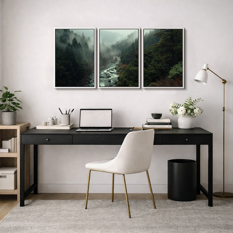 "Misty Forest Landscape", "Hazy Moody Dark Green River Nature", Tranquil Panoramic Modern Rustic Woodland Wall Art