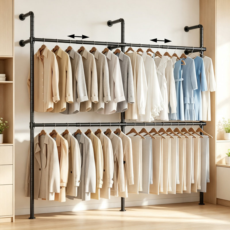 Industrial Telescopic Wall Mount Clothes Rack, Extendable Adjustable Garment Hanging Rail, Metal Storage Clothes Rod Extends to 219cm for Bedroom & Wardrobe