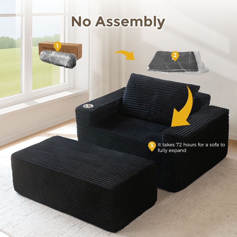No Assembly Required Oversized 65"Chaise Lounge with Pillows,Upholstered Cloud Bean Bag Chair Indoor, Black Corduroy