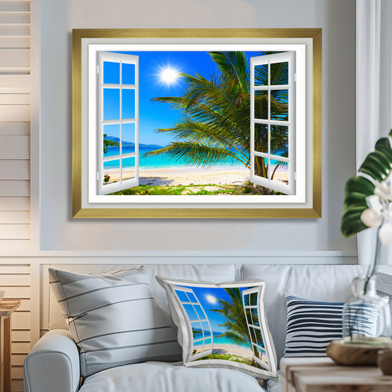 « Window Open to Beach with Palm » - impression d'art mural avec plage, impression sur toile avec plage et palmier, Or