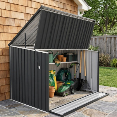 Rangement extérieur en acier galvanisé noir, armoire à outils à couvercle rabattable avec poignée en métal et loquet à ressort
