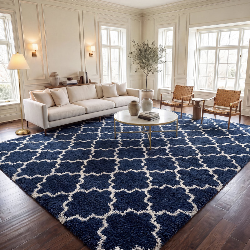 Tapis à poil long à motif géométrique gris, Rectangle 9 pi x 12 pi, Ivoire / Gris