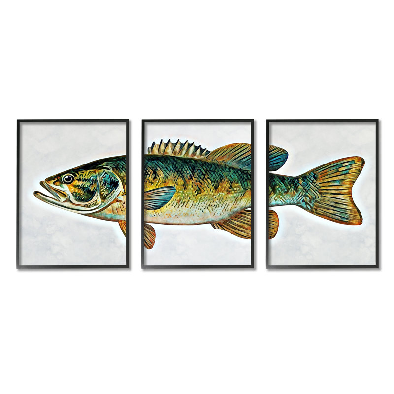 Lake House Bass Fish Wildlife 3 Piece Black Framed Giclee Art Set by Ashley Aldridge, 20" H x 48" W x 1.5" D