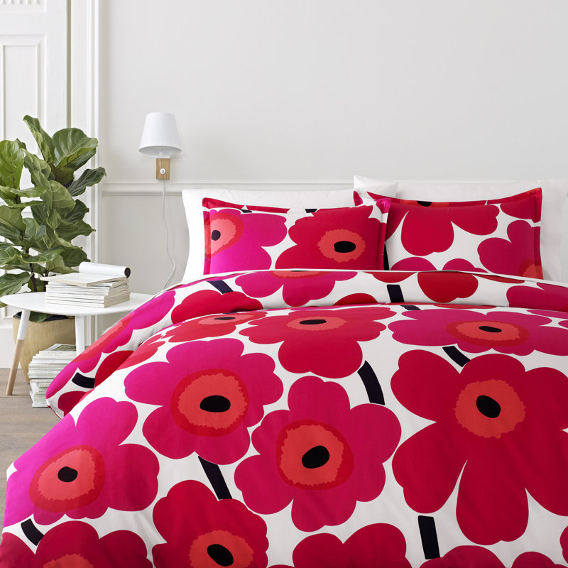 Marimekko Unikko Cotton Red Duvet Cover Set, Queen Duvet Cover + 2 Shams, Orange
