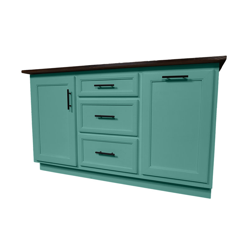 Modern 60" Solid Wood Kitchen Island with trash bin compartment and extra storage and Drop Leaf, Aqua Fiesta