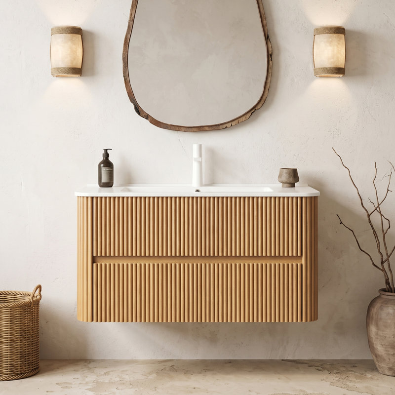 Meuble-lavabo mural simple 36 po avec comptoir en céramique 36 po, Naturel