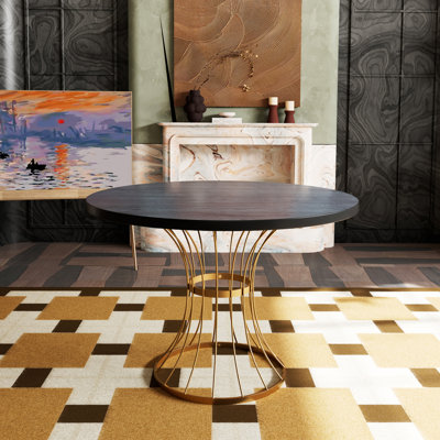 Table de salle à manger ronde en placage de chêne noir de 42 po - Plateau d'apparence en bois massif, piédestal robuste en fer forgé, meubles de cuisine et de coin-repas compacts, style rustique-moderne