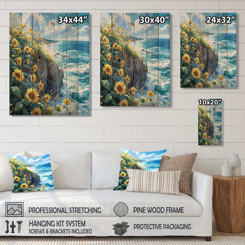 Tournesols océaniques à la côte I - Décoration murale en bois de tournesols - sur bois de pin naturel