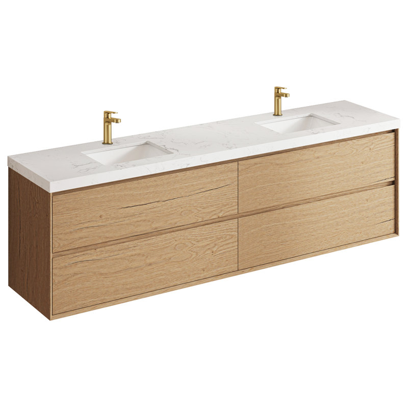 Pre-Assembled Wall Mounted Floating Bathroom Vanity In Natural Oak, Double Sinks With Engineered Marble Top, 84"