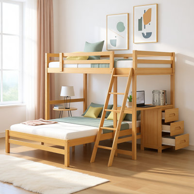 Twin over Full Bunk Bed with Built-in Desk and 3 Drawers, Convertible Design, Solid Wood Frame, Space-Saving Kids Loft Bed