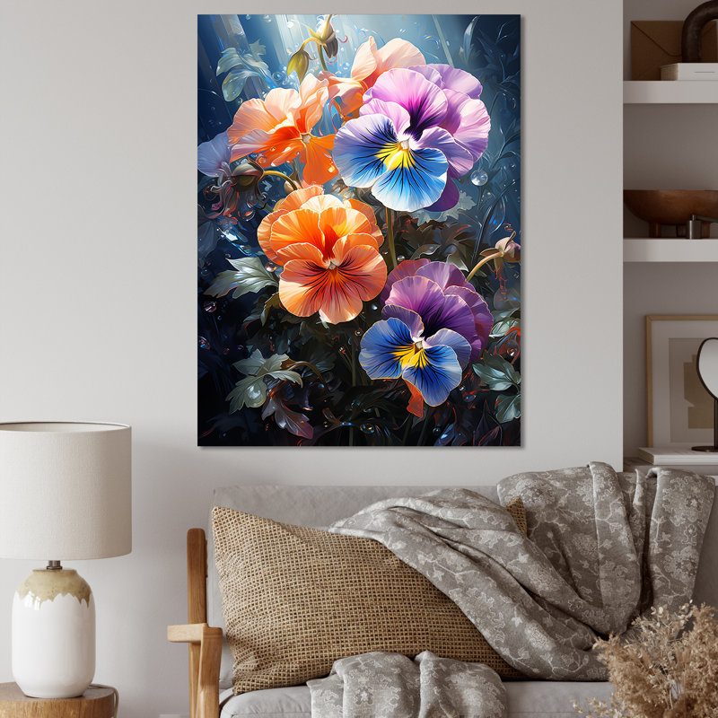 Orange et bleu «Pansie Blooms Serenity» - art mural Pensies, Toile tendue, 44" H x 34" W