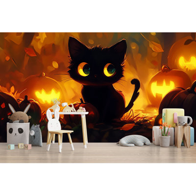 Papier peint chat d'Halloween - Mignon chat noir d'Halloween - Scène de nuit lanterne citrouille